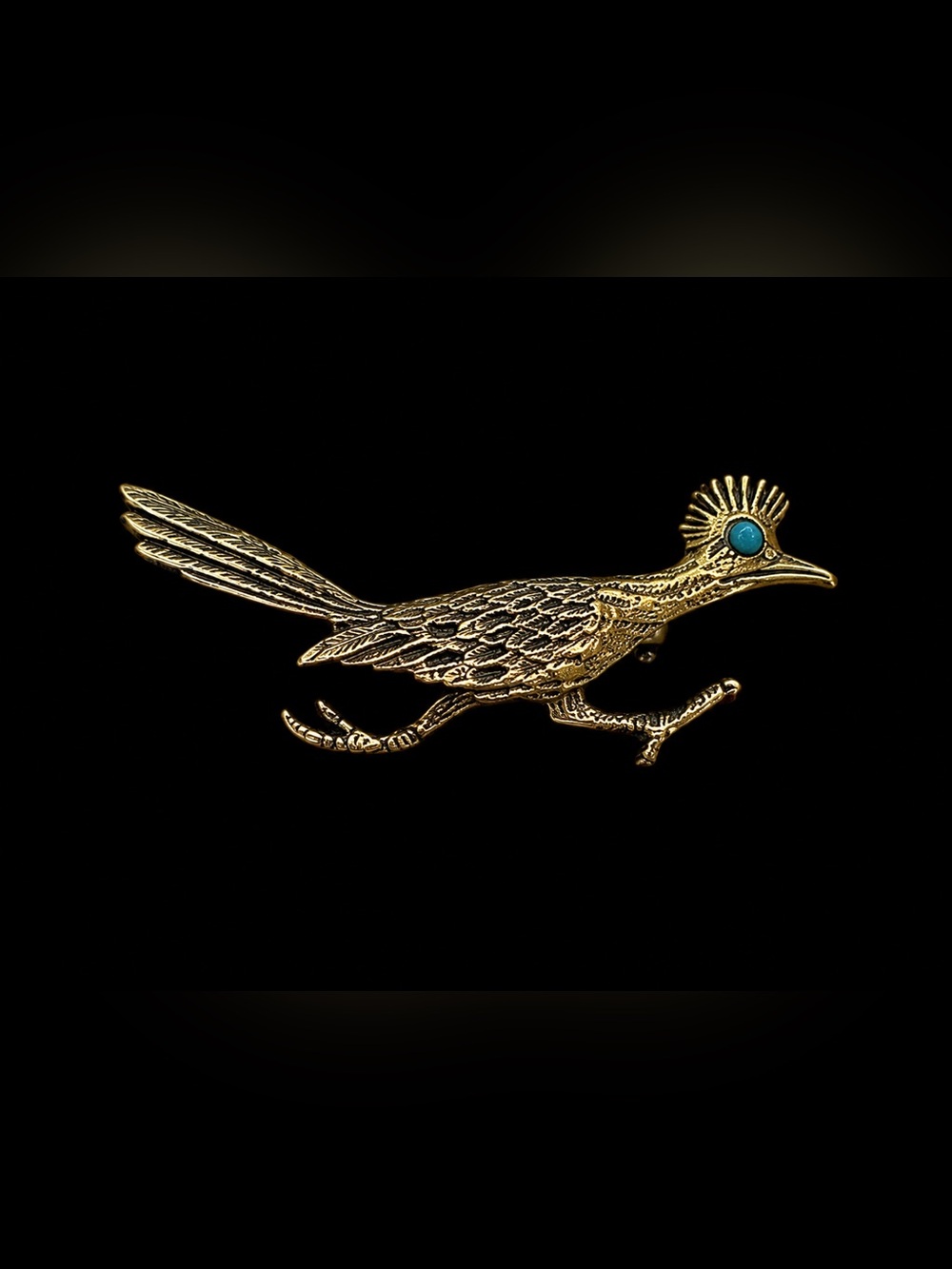 Signed J Ritter Gold-Tone Roadrunner Brooch with Turquoise Accent